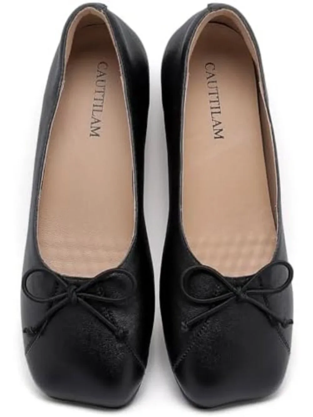 Soft Genuine Leather Ballet Flats with Bow – Square Toe Slip-On Mary Janes for